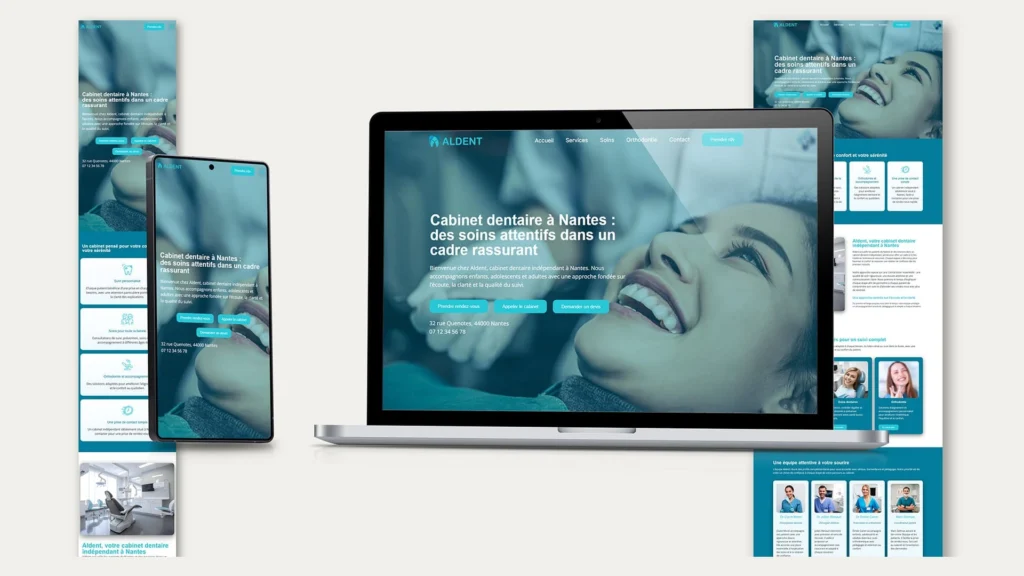 Mockup responsive d’un site internet de cabinet dentaire affiché sur mobile, tablette et ordinateur