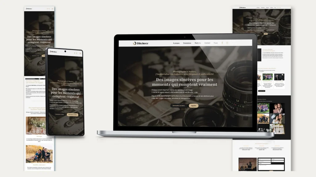 Mockup responsive de site internet photographe Nantes sur mobile tablette et ordinateur