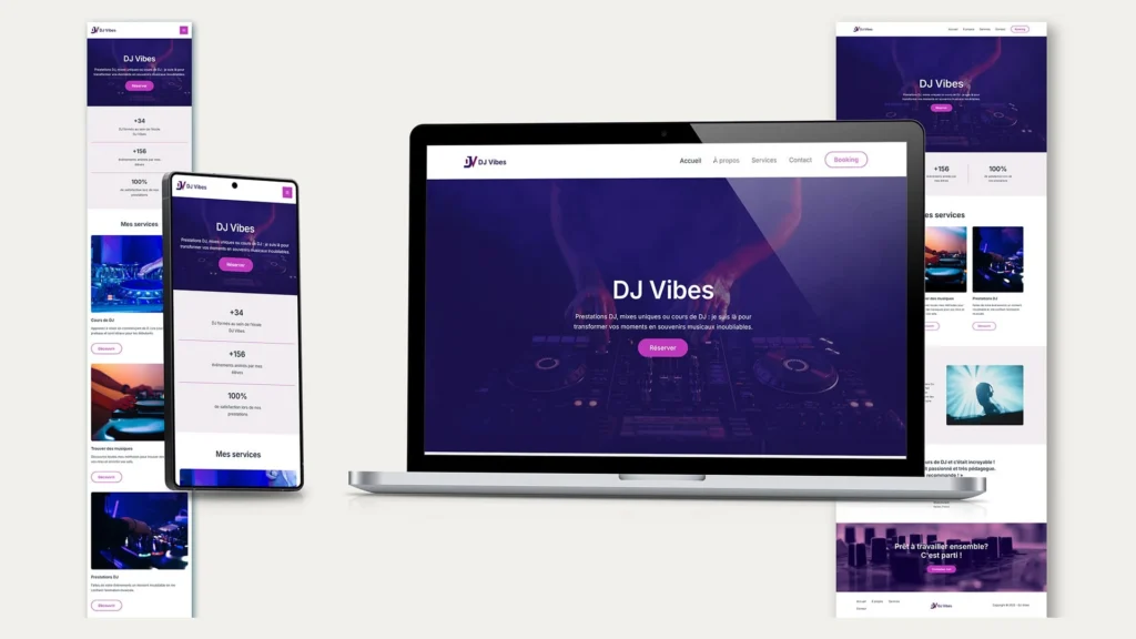Mockup responsive de site internet pour DJ à Nantes adapté au mobile tablette et ordinateur