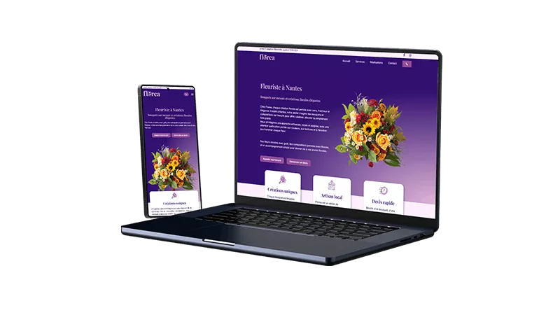 Mockup de site internet pour fleuriste à Nantes présenté sur ordinateur et mobile