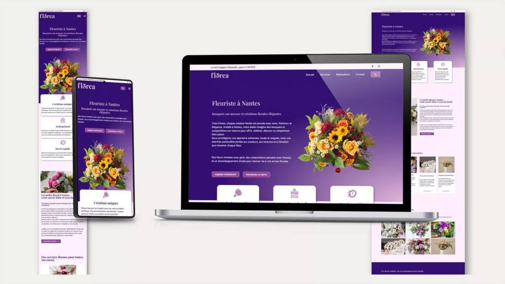 Version responsive d’un site internet fleuriste affichée sur mobile et tablette