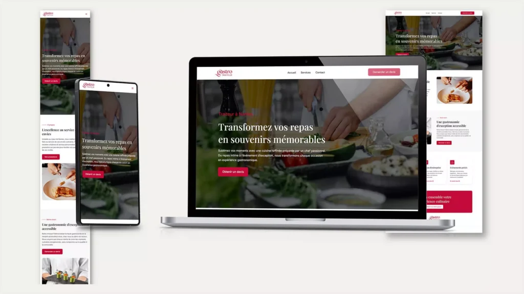 Site internet traiteur responsive affiché sur mobile, tablette et ordinateur