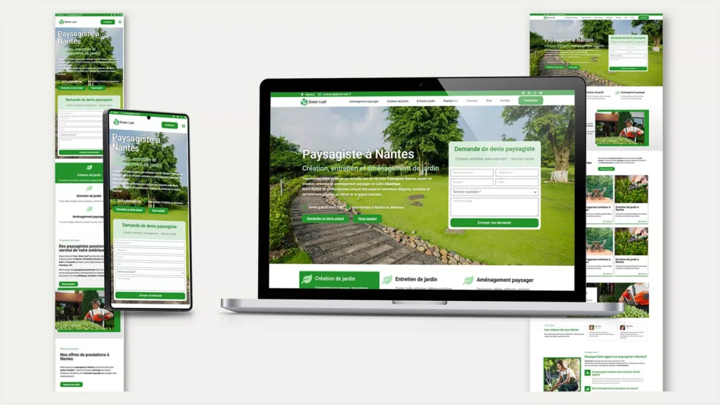 Mockup responsive de site internet pour paysagiste à Nantes affiché sur mobile tablette et ordinateur