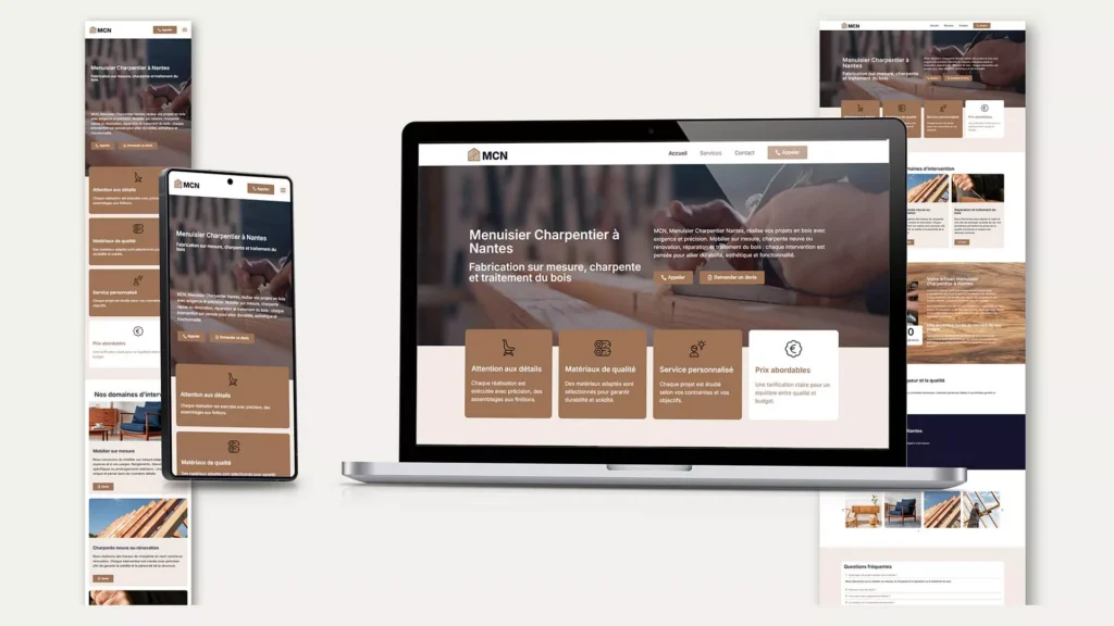 Mockup responsive d’un site internet pour menuisier charpentier à Nantes sur mobile tablette et ordinateur
