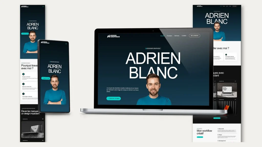 Site web responsive pour designer graphique sur mobile, tablette et ordinateur